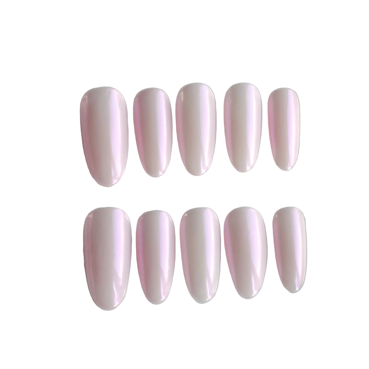 Set of pink nail extensions in a clear case on a light gray background