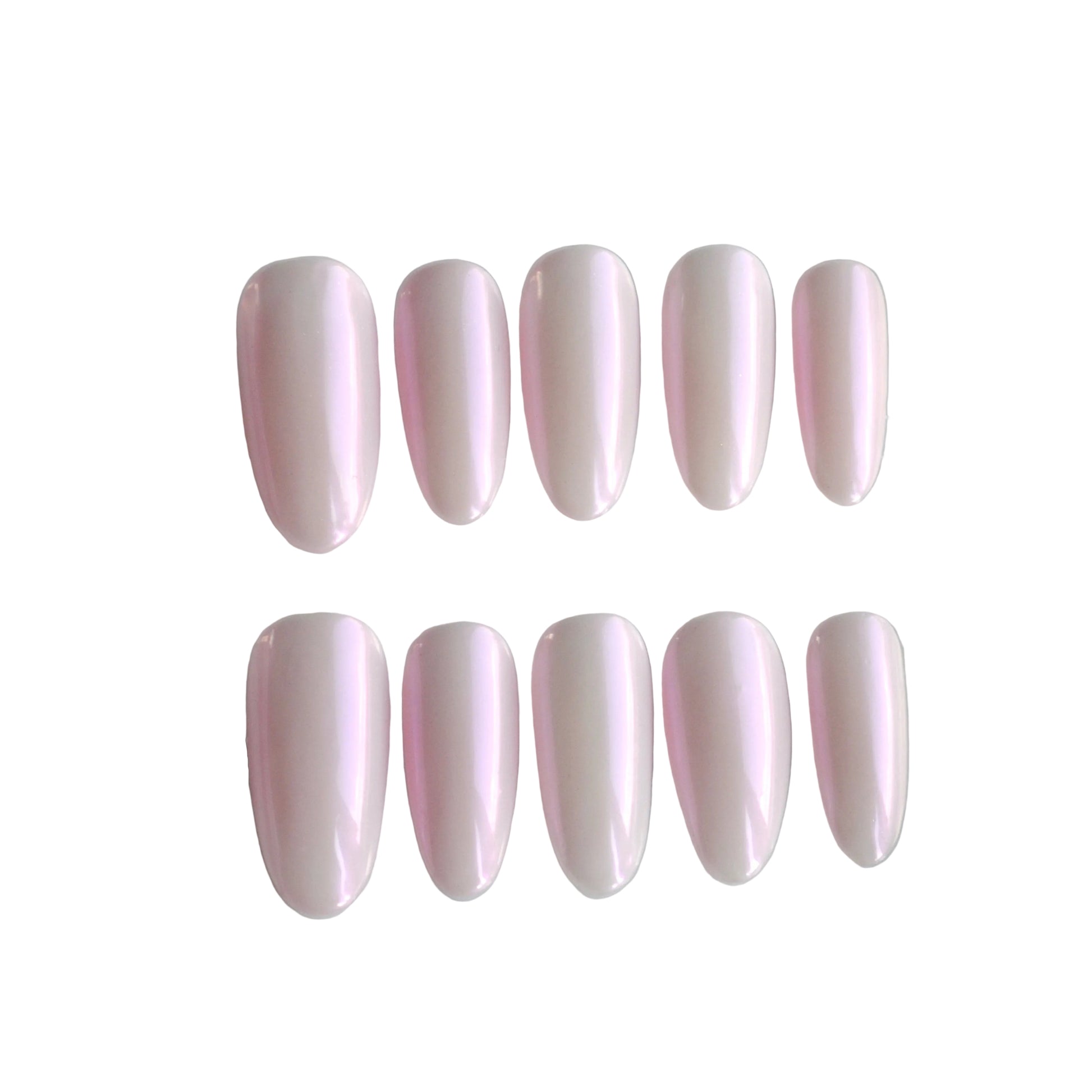 Set of pink nail extensions in a clear case on a light gray background